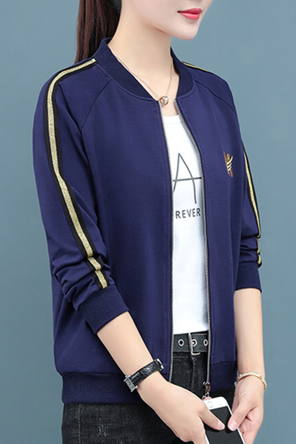 Women Elasticated Hem Slim Fit Long Sleeve Round Neck Casual Jacket