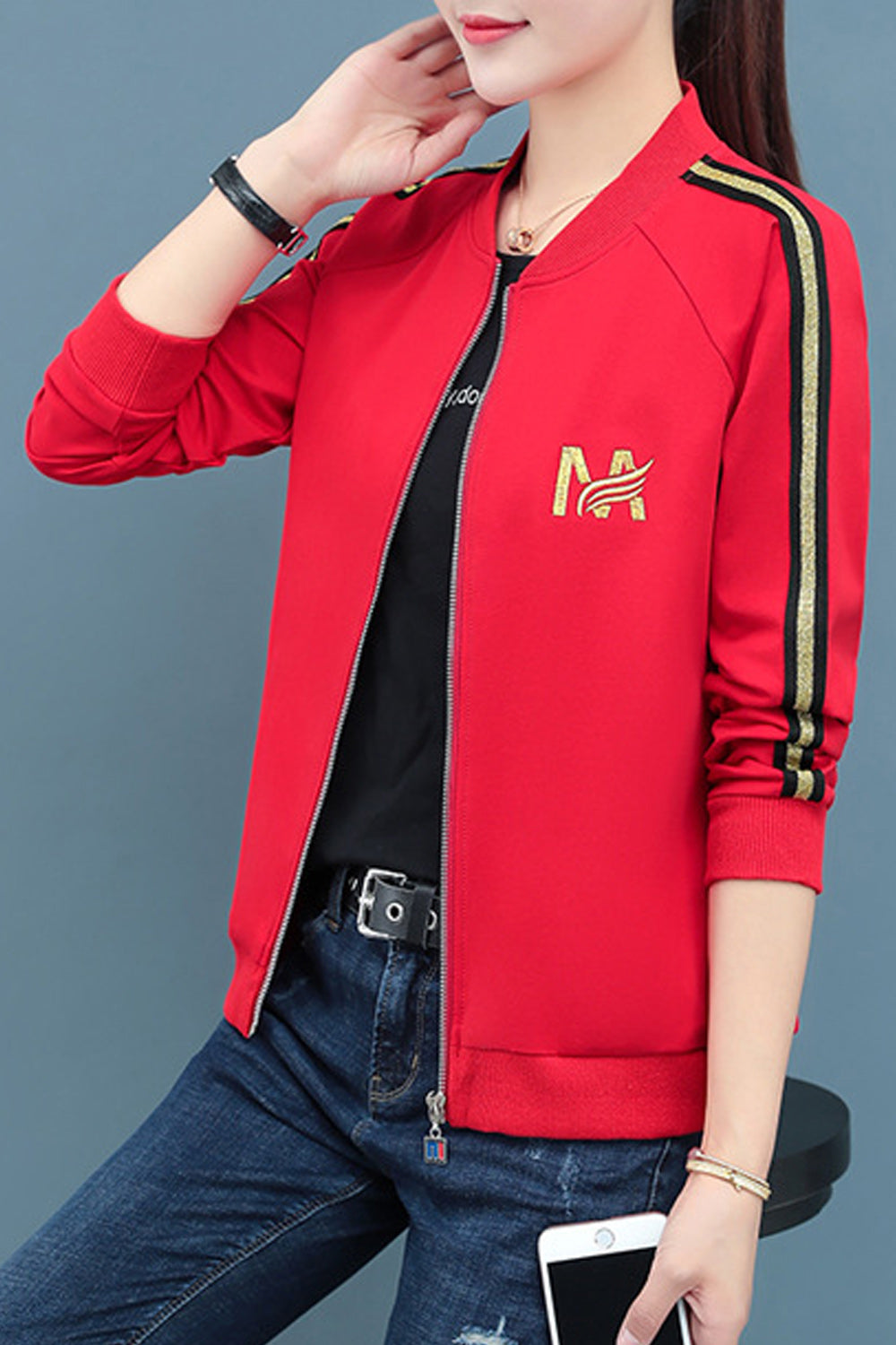Women Elasticated Hem Slim Fit Long Sleeve Round Neck Casual Jacket