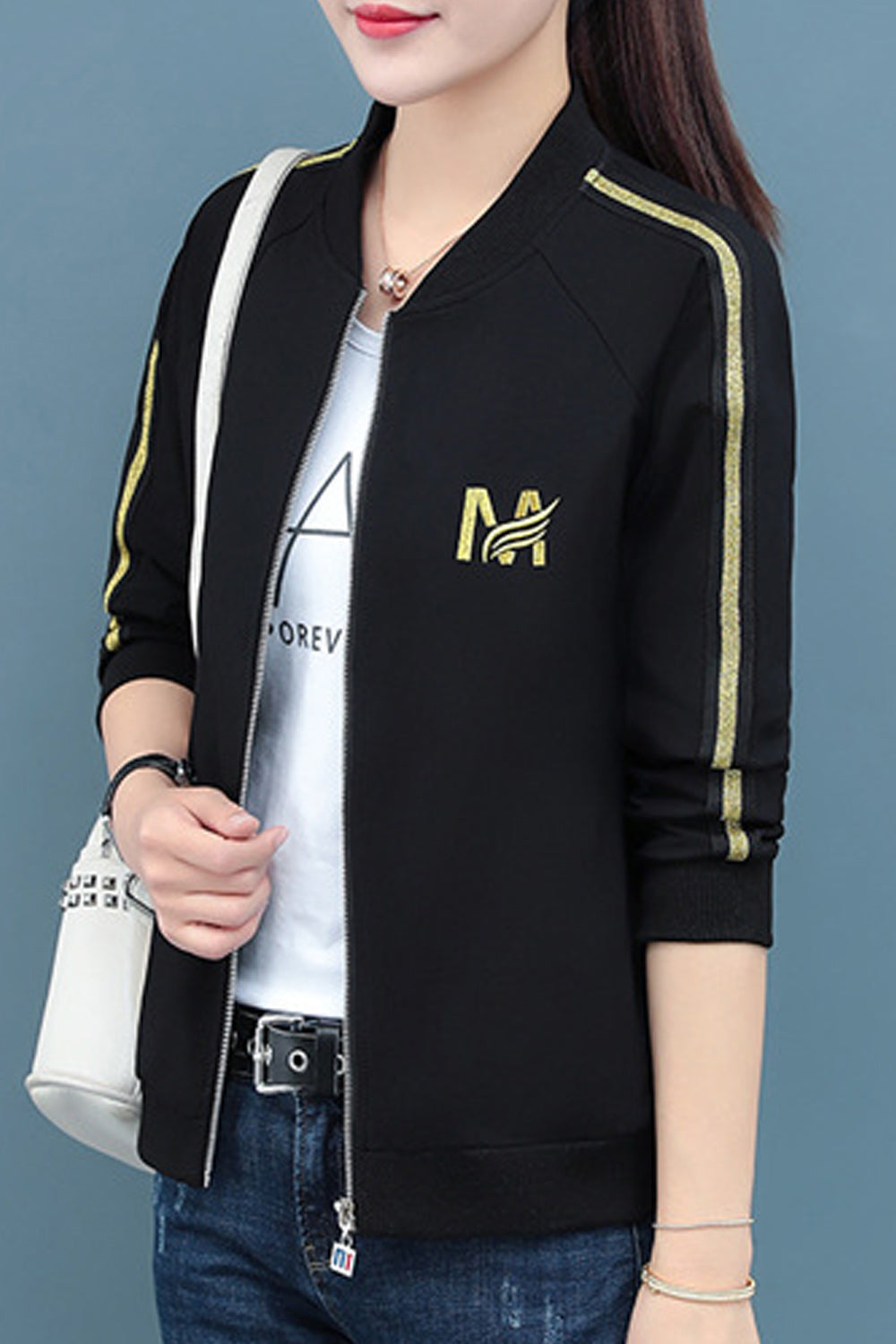 Women Elasticated Hem Slim Fit Long Sleeve Round Neck Casual Jacket