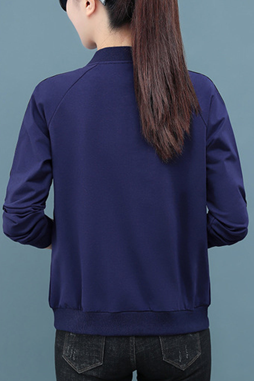 Women Elasticated Hem Slim Fit Long Sleeve Round Neck Casual Jacket