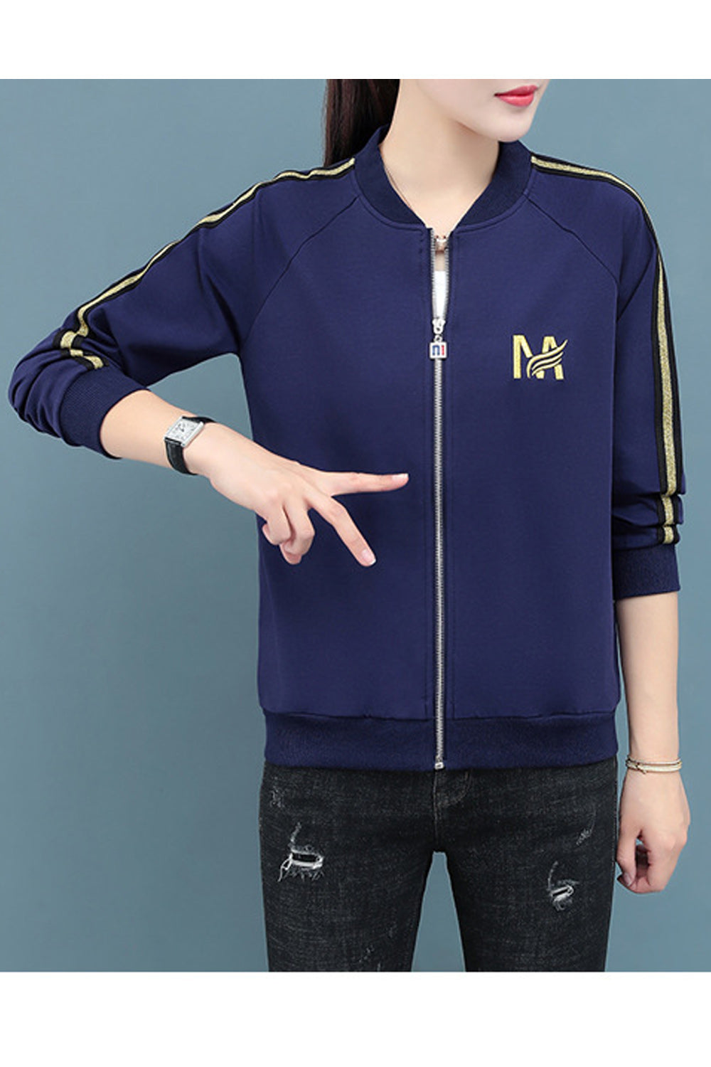 Women Elasticated Hem Slim Fit Long Sleeve Round Neck Casual Jacket