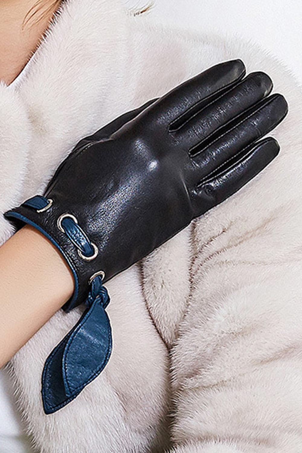Women Decorated Wrist Hand Protection Warm Leather Gloves