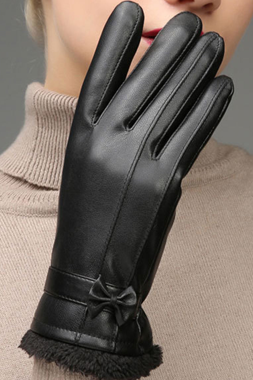 Women Bow Decorated Windproof Cycling Riding Leather Gloves