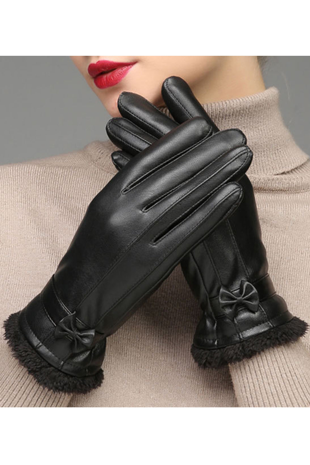 Women Bow Decorated Windproof Cycling Riding Leather Gloves