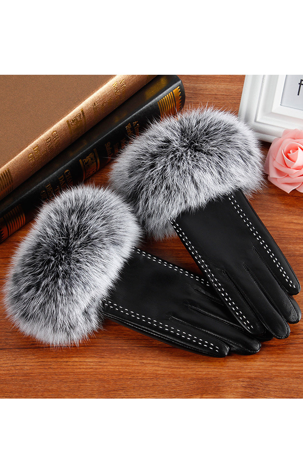 Women Hair Decoration Hand Protection Coldproof Leather Gloves
