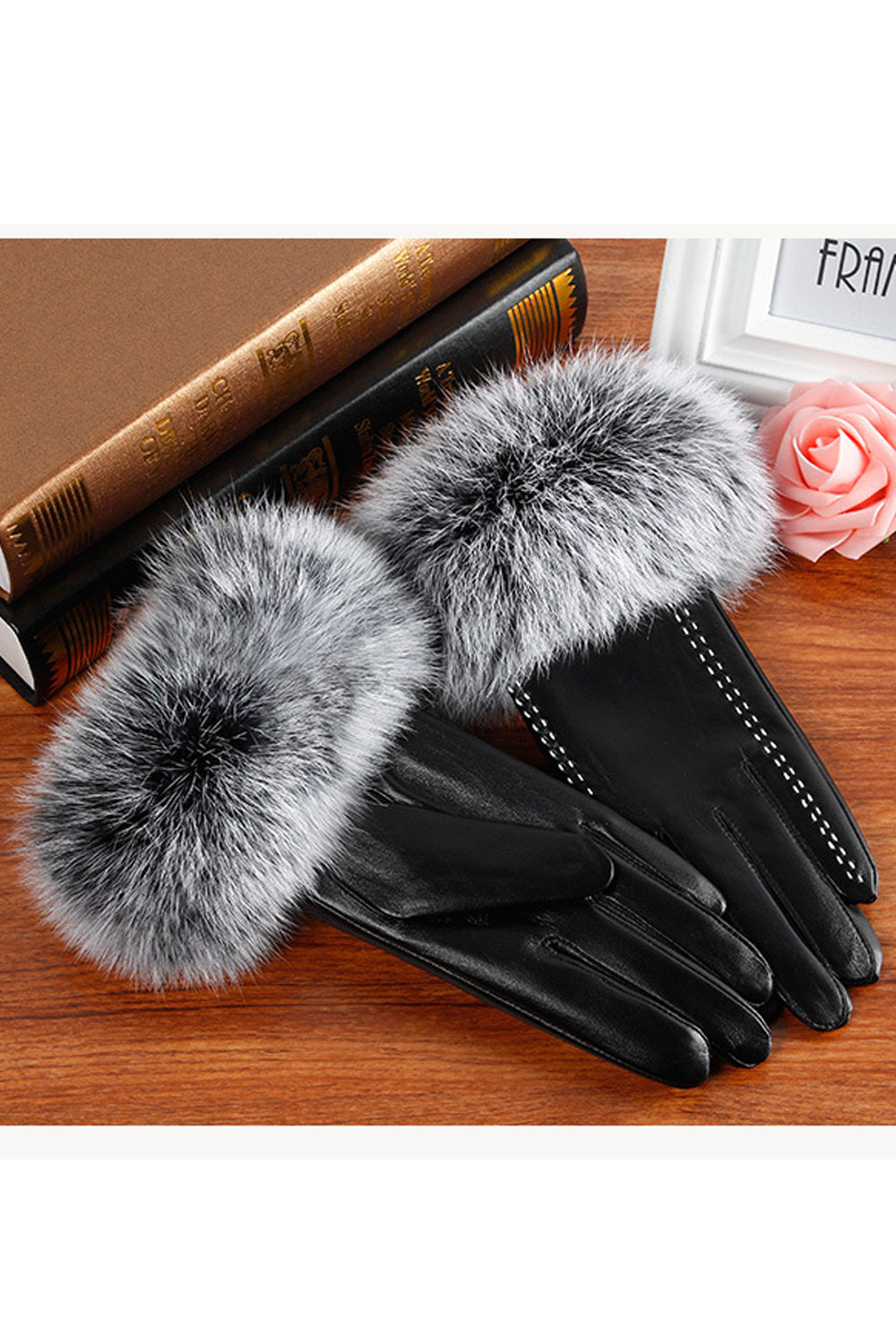 Women Hair Decoration Hand Protection Coldproof Leather Gloves