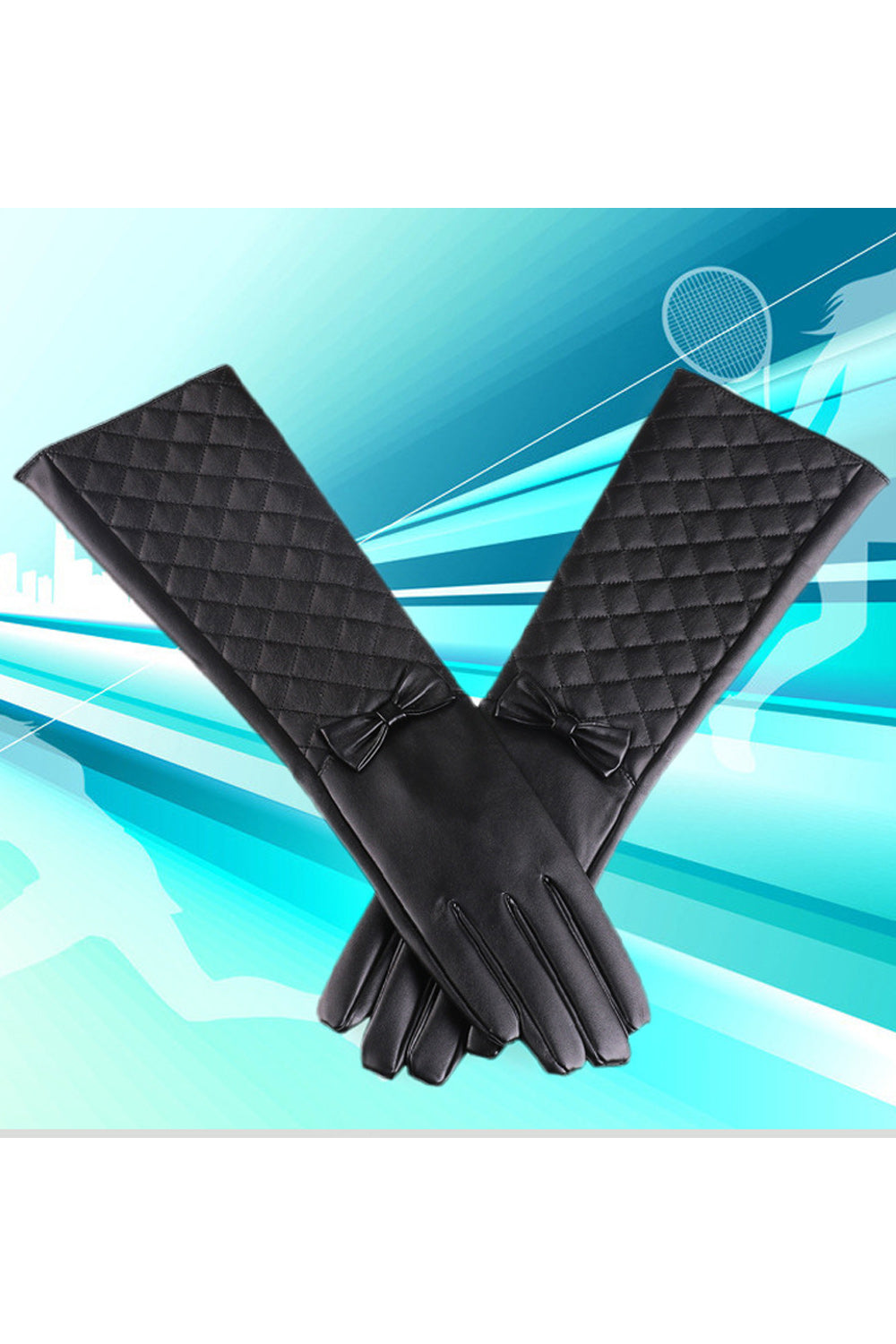 Women Thick Bow Decoration Imitation Leather Long Gloves