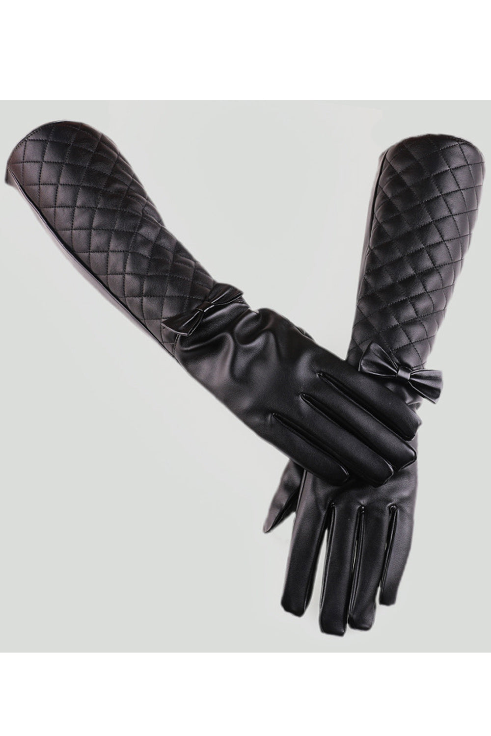 Women Thick Bow Decoration Imitation Leather Long Gloves