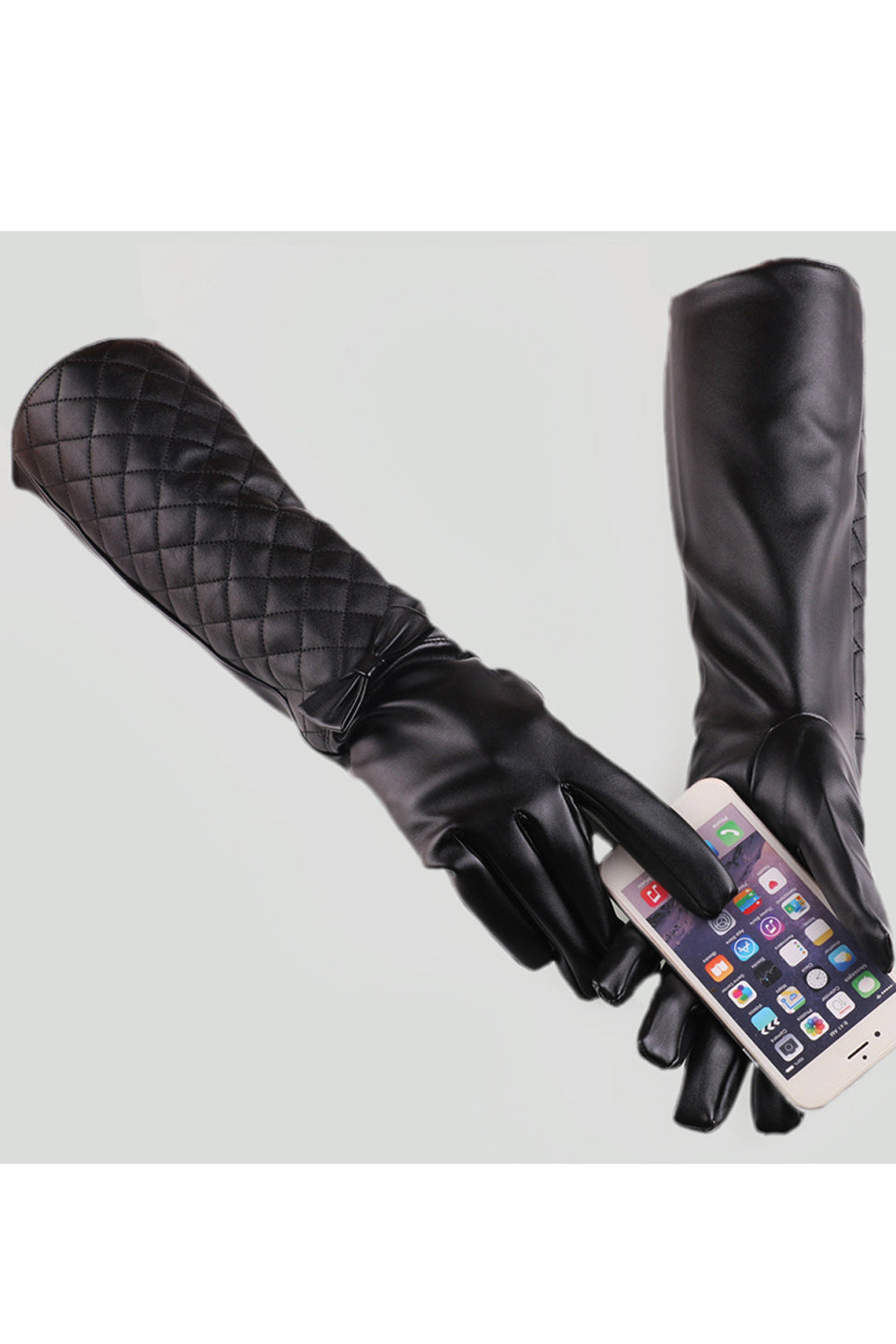 Women Thick Bow Decoration Imitation Leather Long Gloves