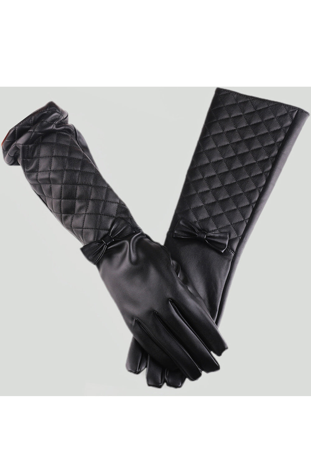 Women Thick Bow Decoration Imitation Leather Long Gloves