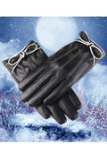 Women Classic Bow Decoration Cold Protection Leather Gloves