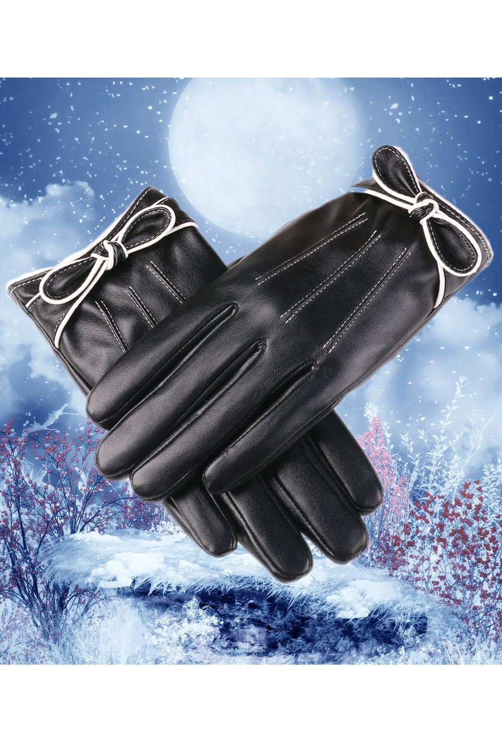 Women Classic Bow Decoration Cold Protection Leather Gloves