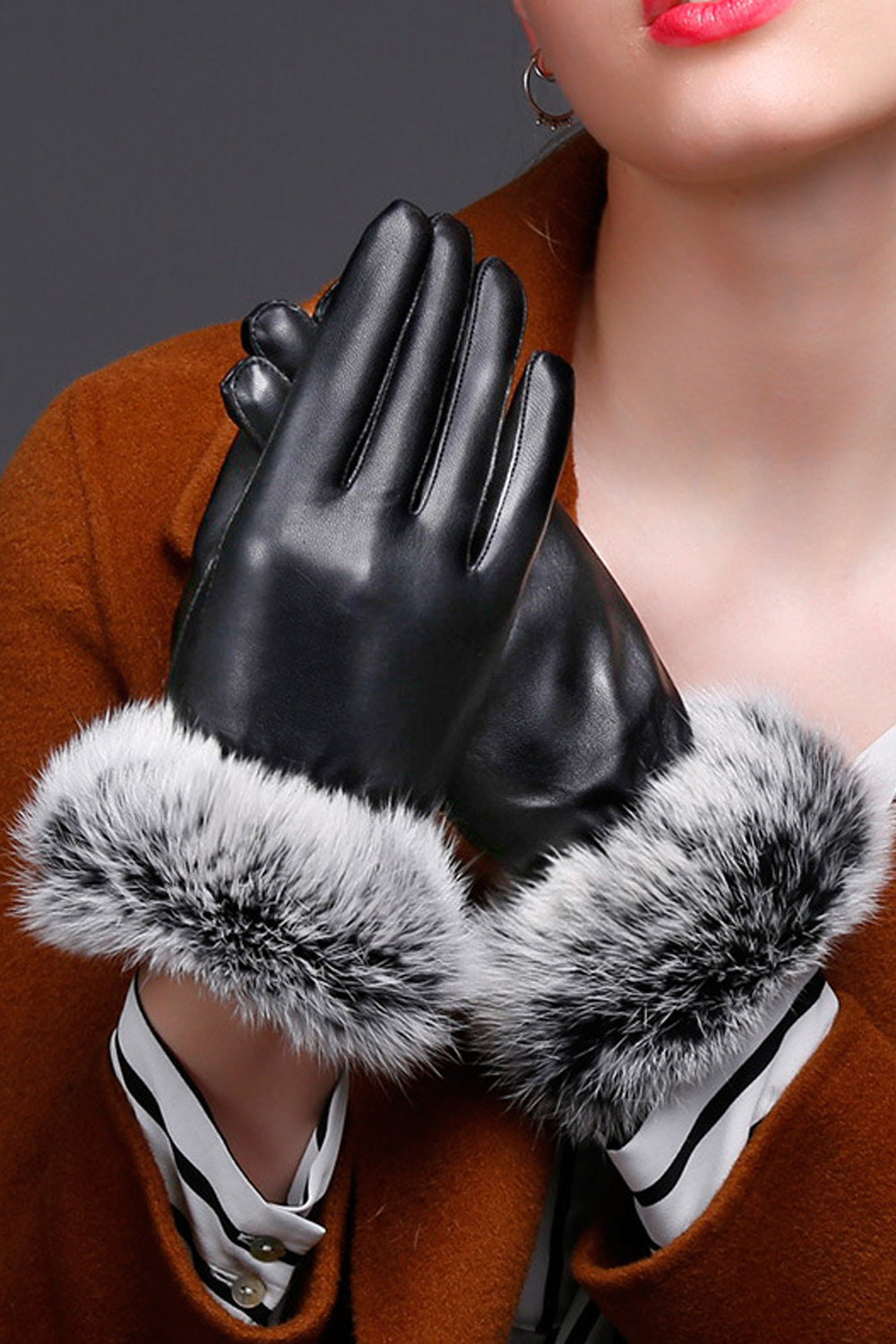 Women Warm Fleece Coldproof Full Palm Leather Gloves