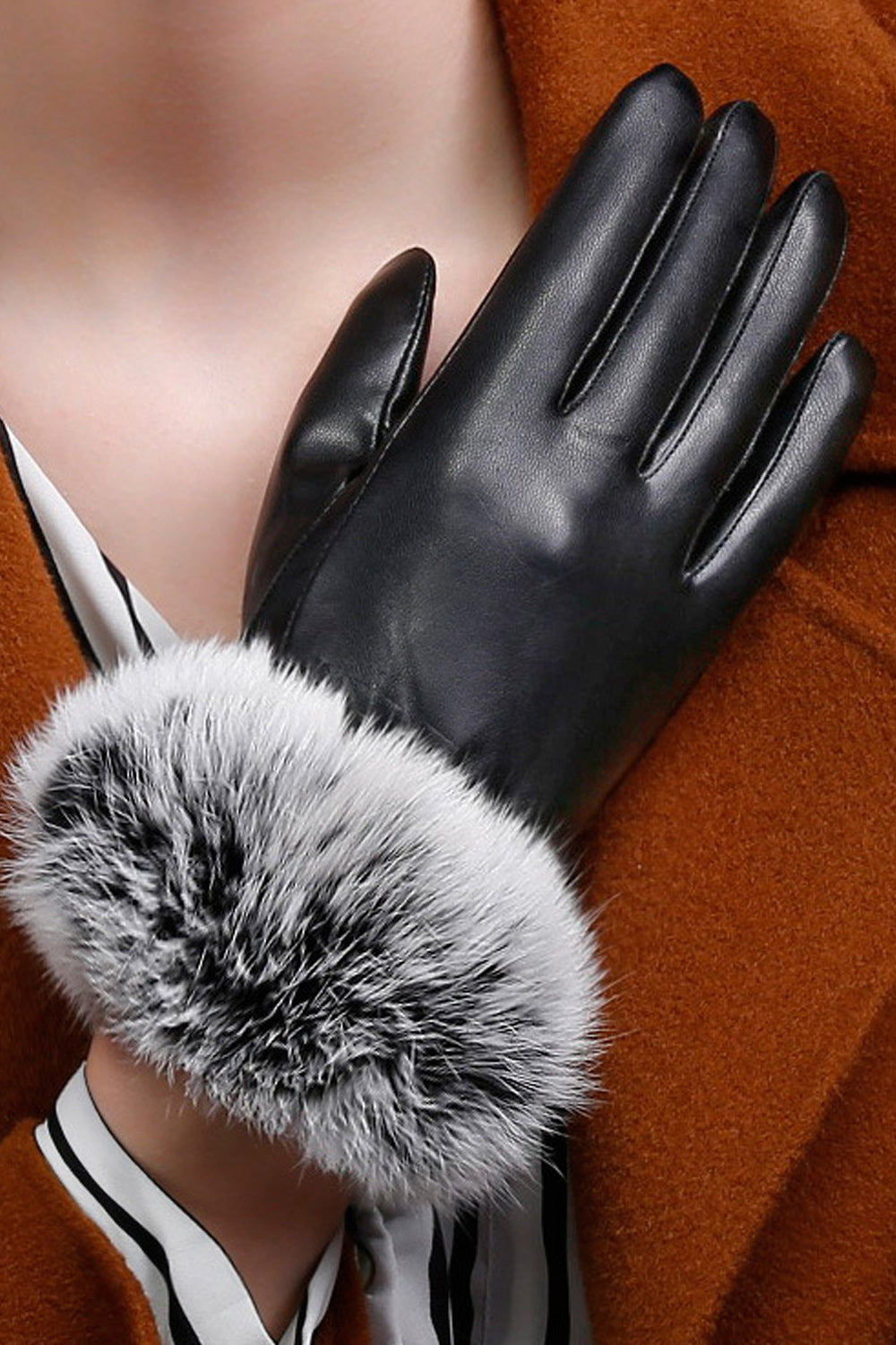 Women Warm Fleece Coldproof Full Palm Leather Gloves