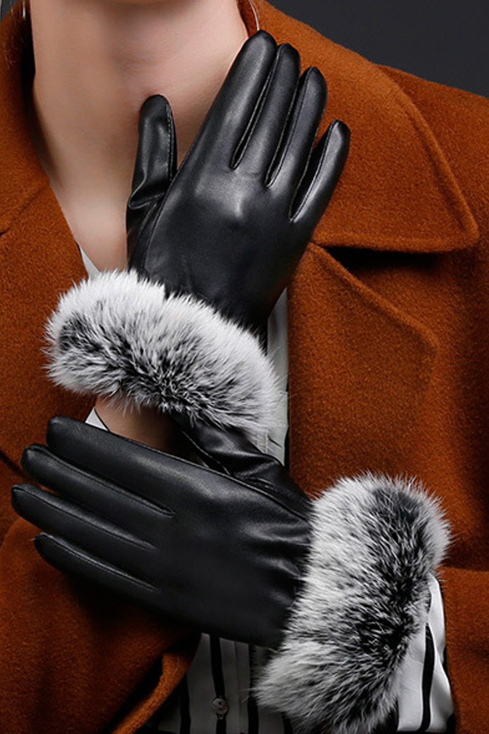 Women Warm Fleece Coldproof Full Palm Leather Gloves