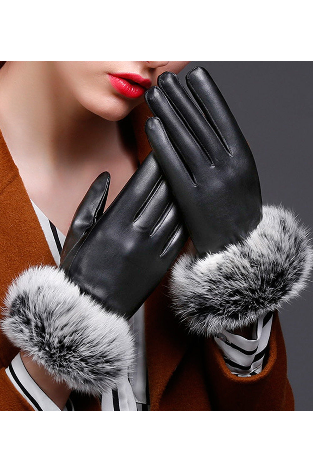 Women Warm Fleece Coldproof Full Palm Leather Gloves