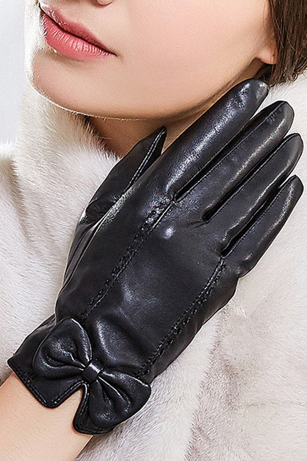 Women Outdoor Bow Decorated Coldproof Leather Gloves