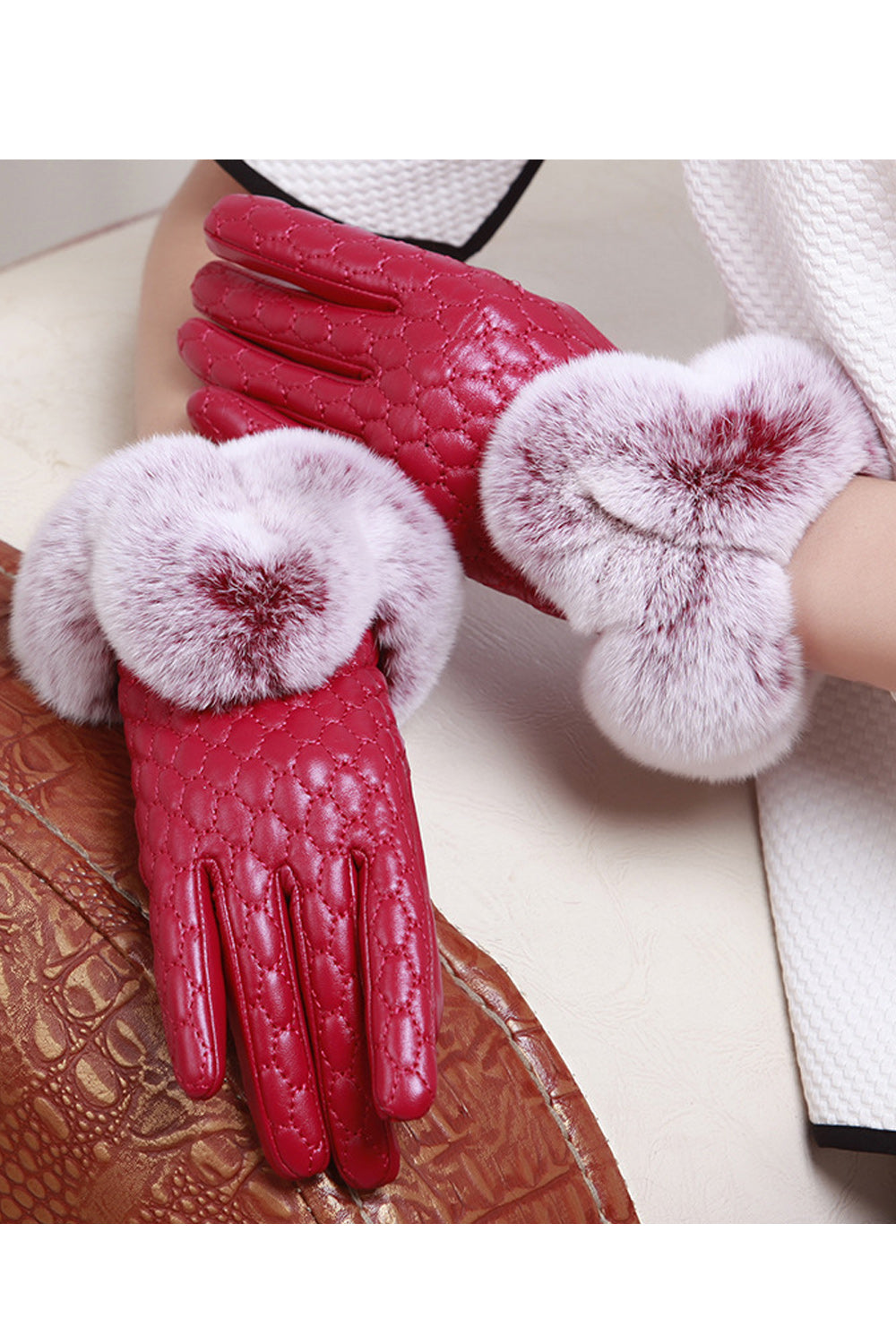 Women Hair Decorated Full Touch Screen Warm Leather Gloves