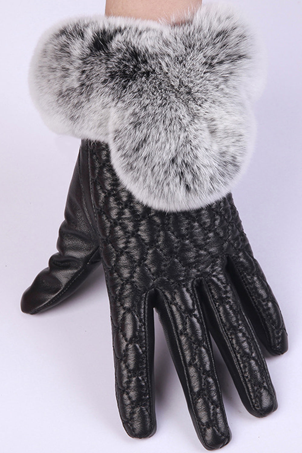 Women Hair Decorated Full Touch Screen Warm Leather Gloves