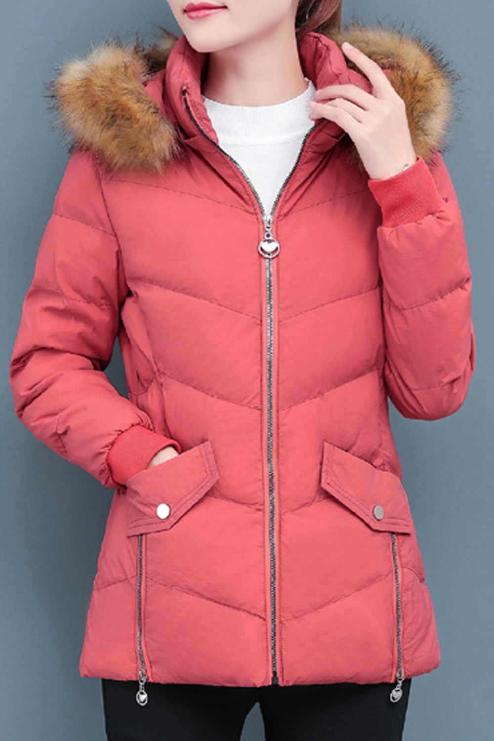 Women Zipper Closure Solid Colored Cozy Long Sleeve Padded Jacket