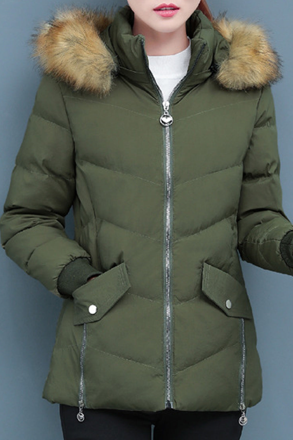 Women Zipper Closure Solid Colored Cozy Long Sleeve Padded Jacket