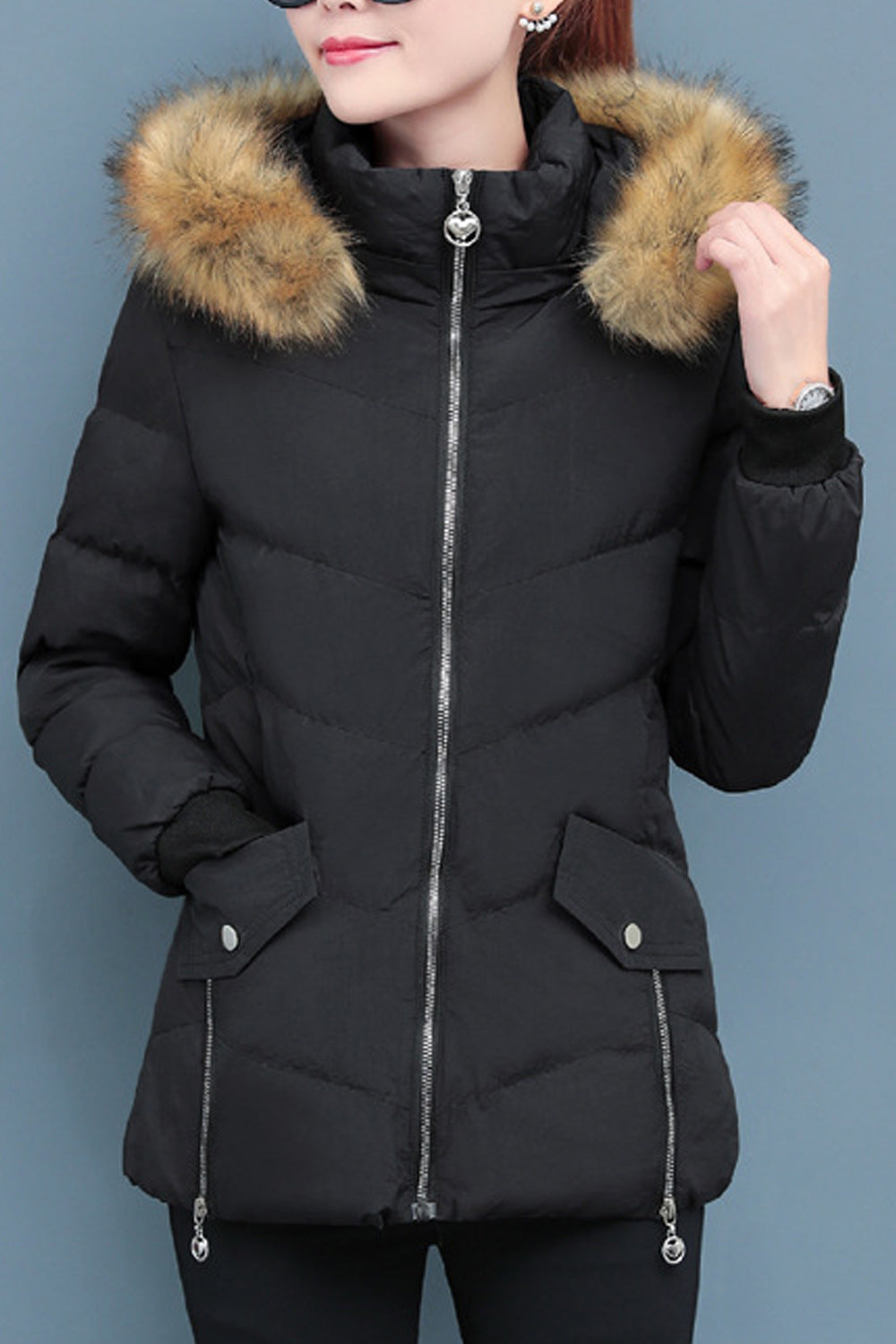Women Zipper Closure Solid Colored Cozy Long Sleeve Padded Jacket
