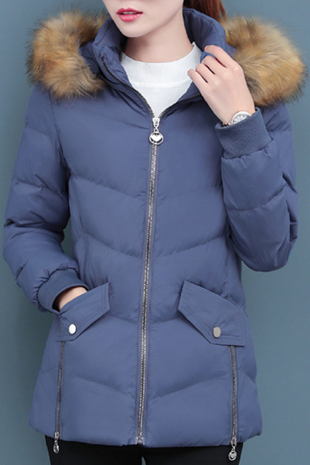 Women Zipper Closure Solid Colored Cozy Long Sleeve Padded Jacket