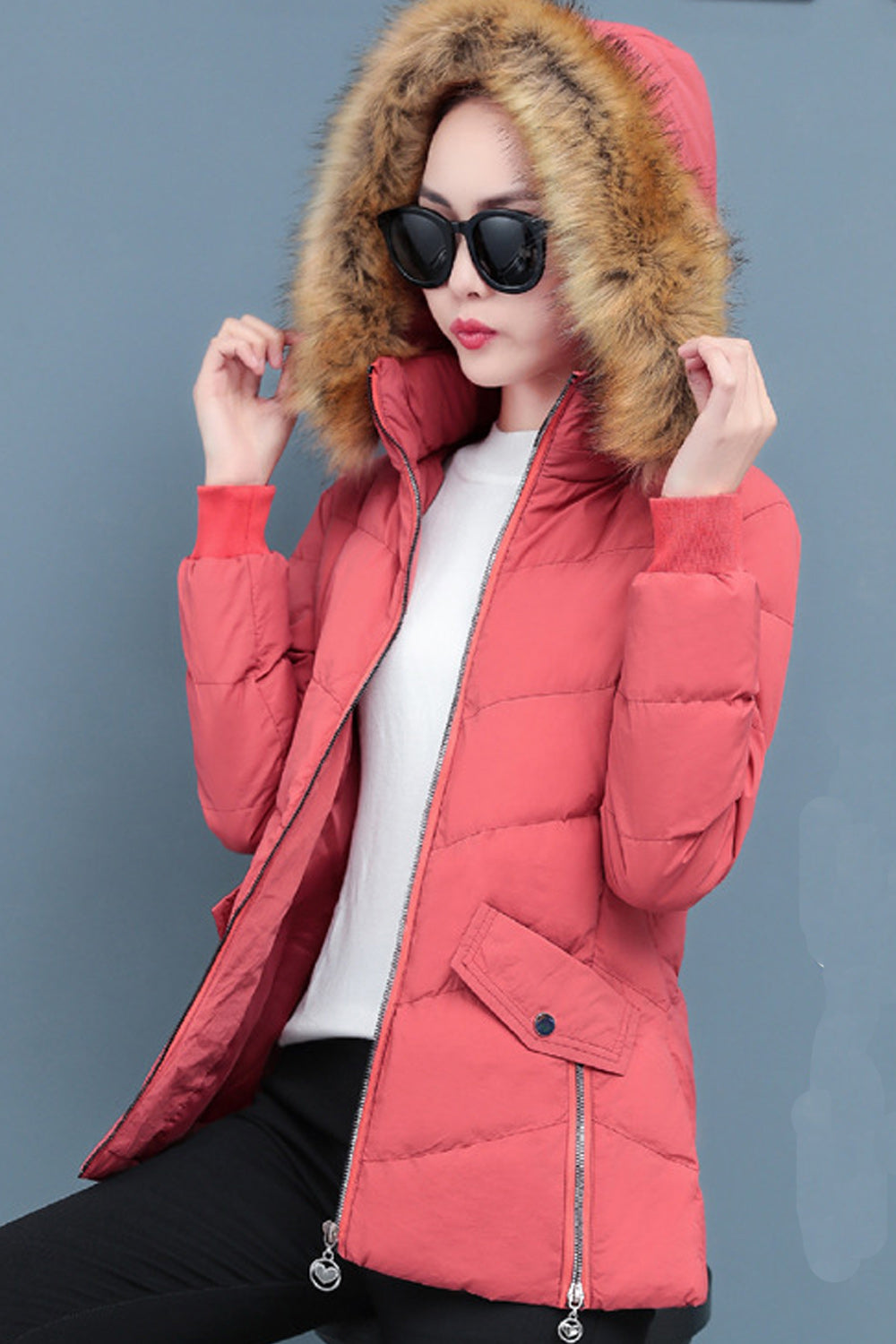 Women Zipper Closure Solid Colored Cozy Long Sleeve Padded Jacket