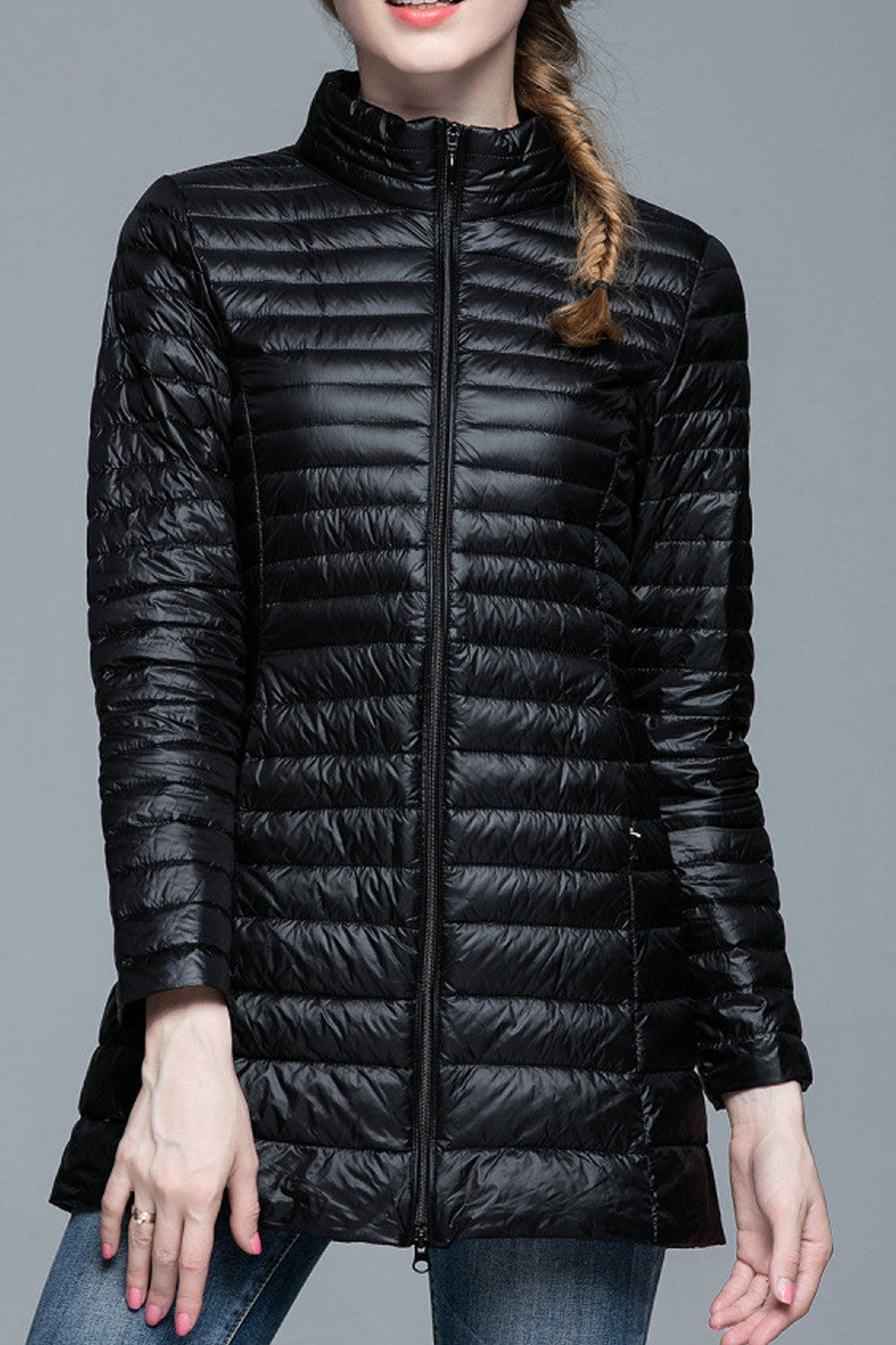 Women Zipper Style Solid Colored Thick Long Sleeve Padded Jacket
