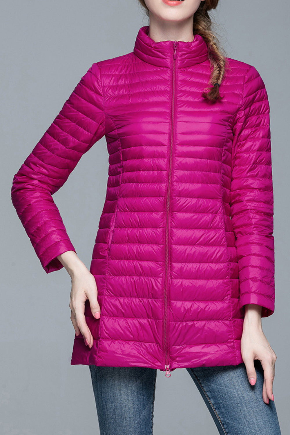 Women Zipper Style Solid Colored Thick Long Sleeve Padded Jacket