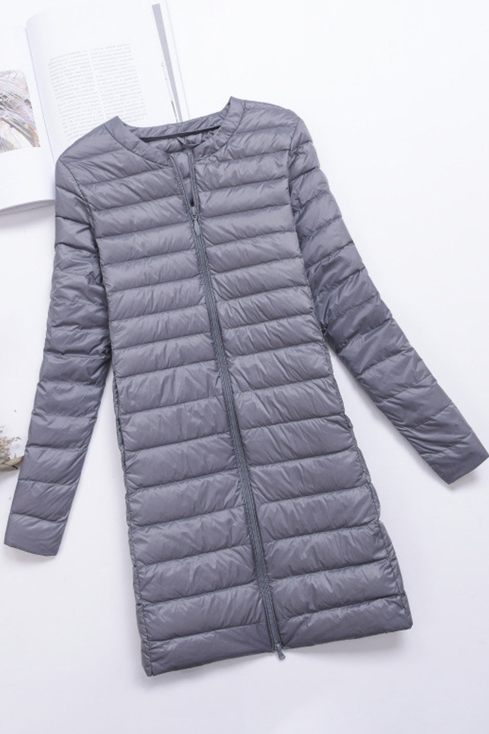 Women Mid Length Zipper Closure Long Sleeve Solid Pattern Padded Jacket