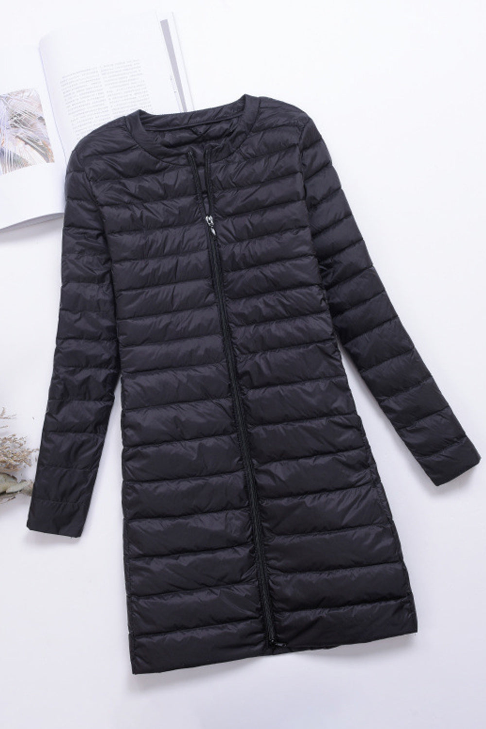 Women Mid Length Zipper Closure Long Sleeve Solid Pattern Padded Jacket