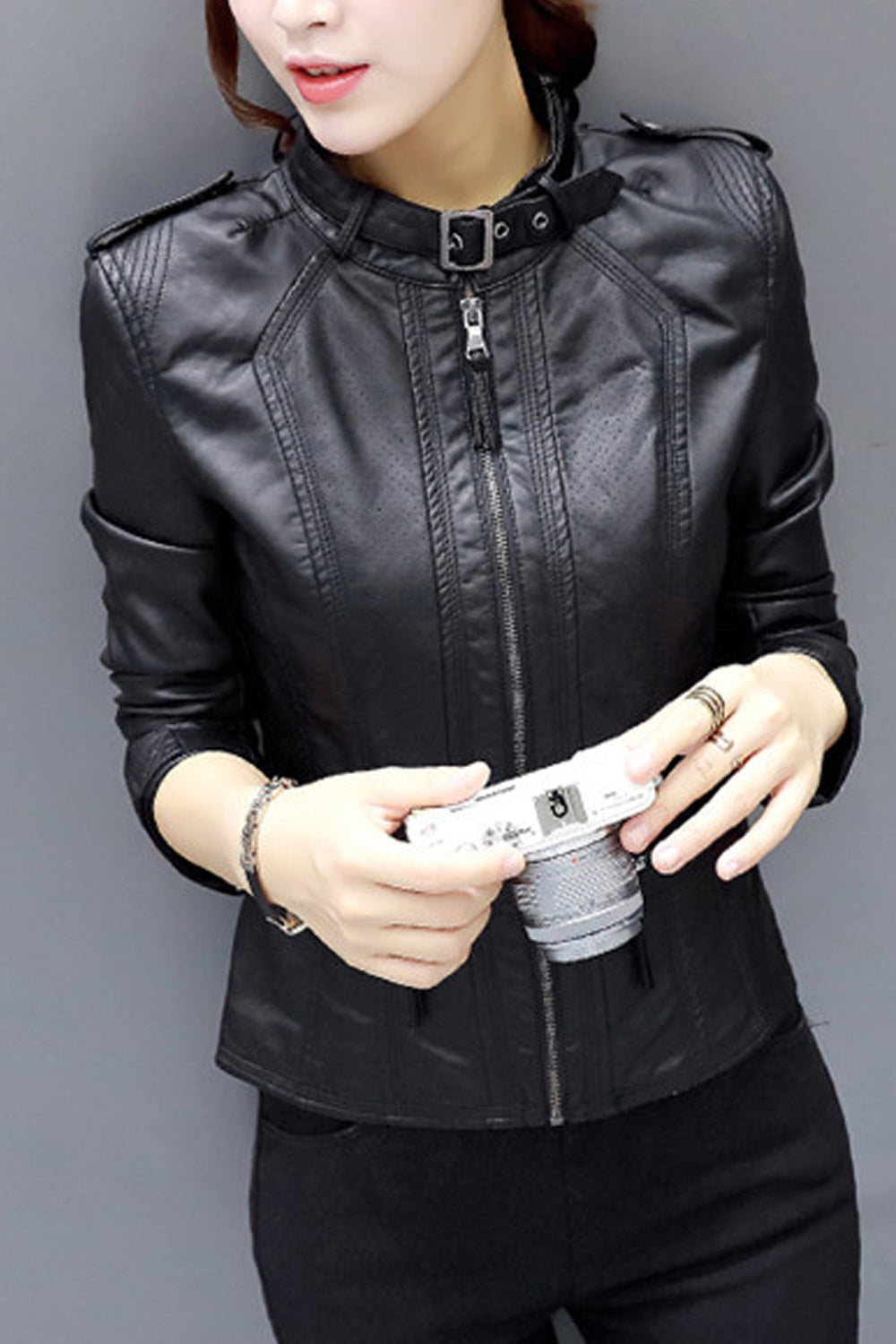 Women Lovely Zipper Closure Long Sleeve Easy Leather Jacket