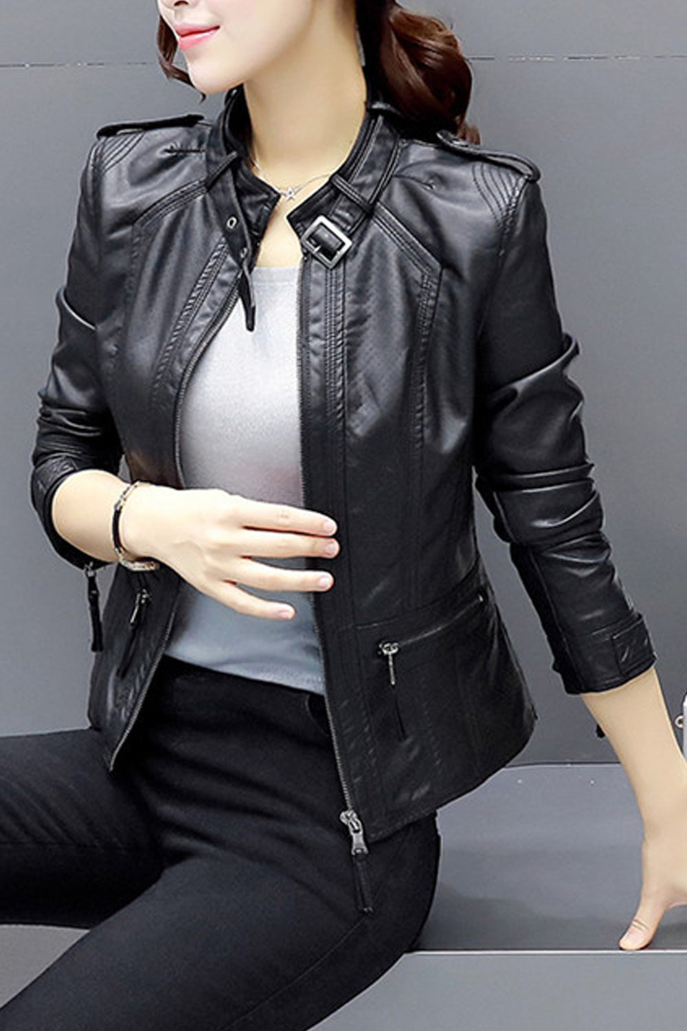 Women Lovely Zipper Closure Long Sleeve Easy Leather Jacket
