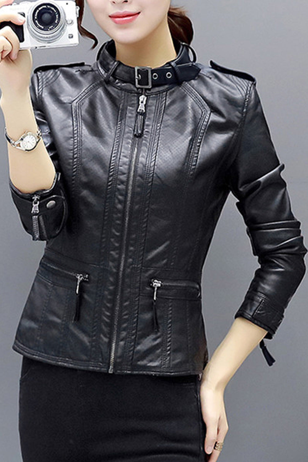 Women Lovely Zipper Closure Long Sleeve Easy Leather Jacket