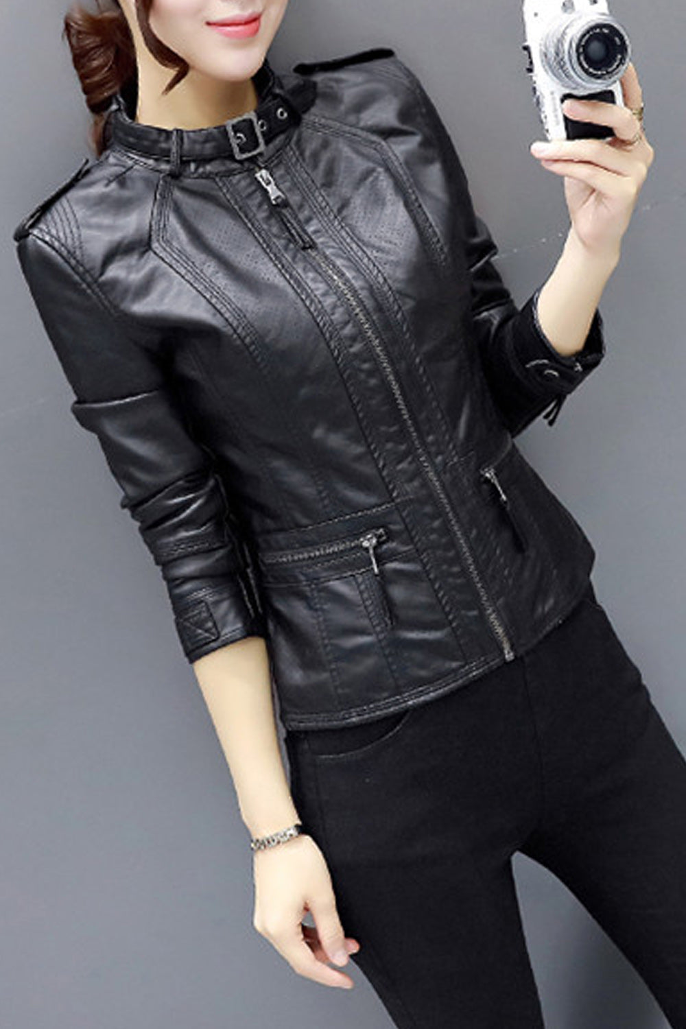 Women Lovely Zipper Closure Long Sleeve Easy Leather Jacket