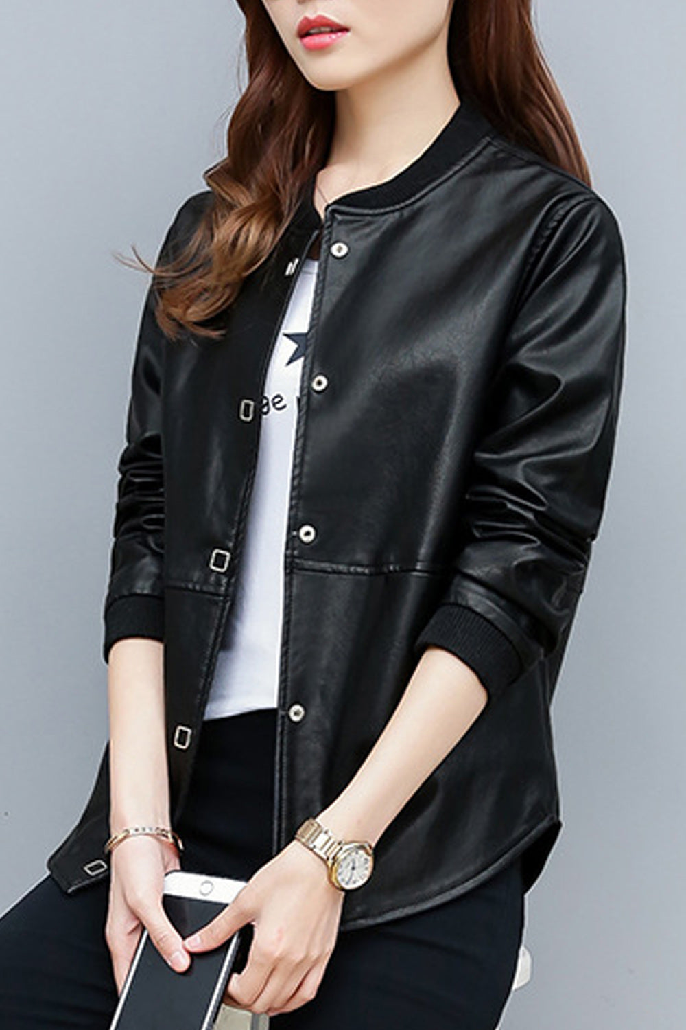 Women Snap Button Closure Long Sleeve Solid Pattern Leather Jacket