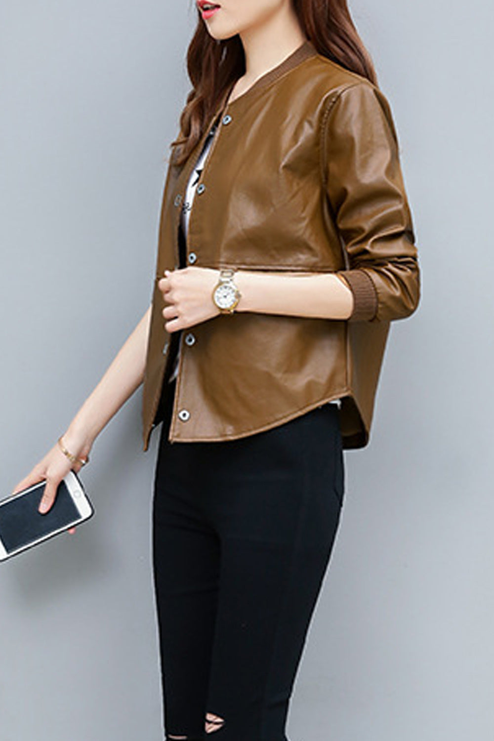 Women Snap Button Closure Long Sleeve Solid Pattern Leather Jacket