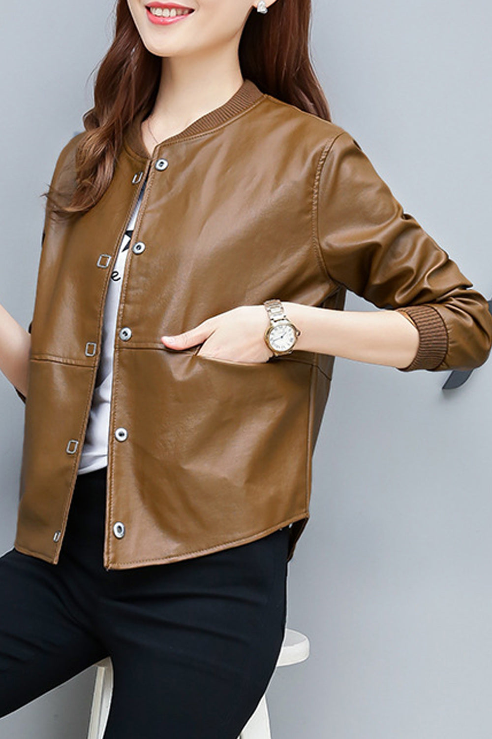 Women Snap Button Closure Long Sleeve Solid Pattern Leather Jacket