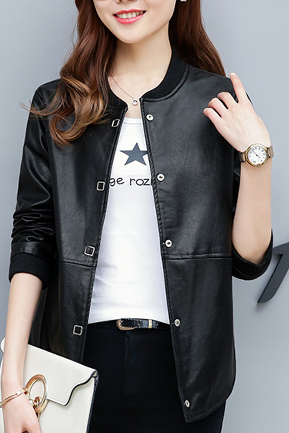 Women Snap Button Closure Long Sleeve Solid Pattern Leather Jacket
