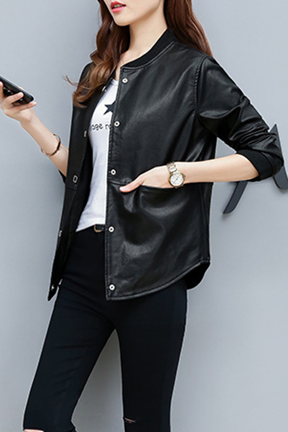 Women Snap Button Closure Long Sleeve Solid Pattern Leather Jacket