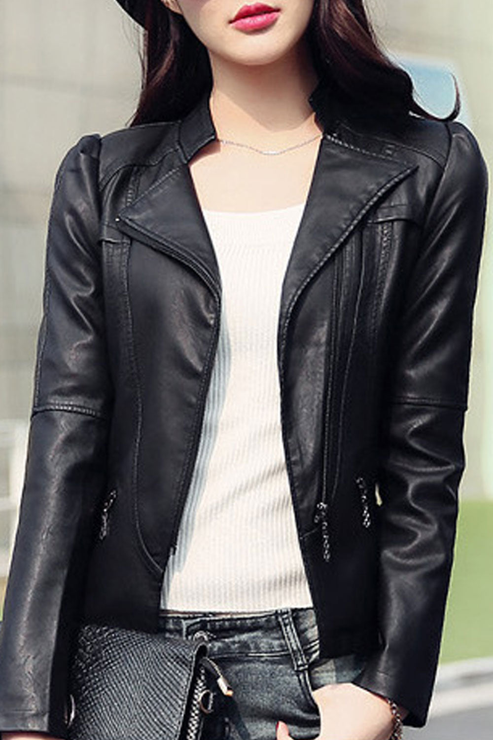 Women Long Sleeve Slim Fit Convenient Casual Leather Jacket
