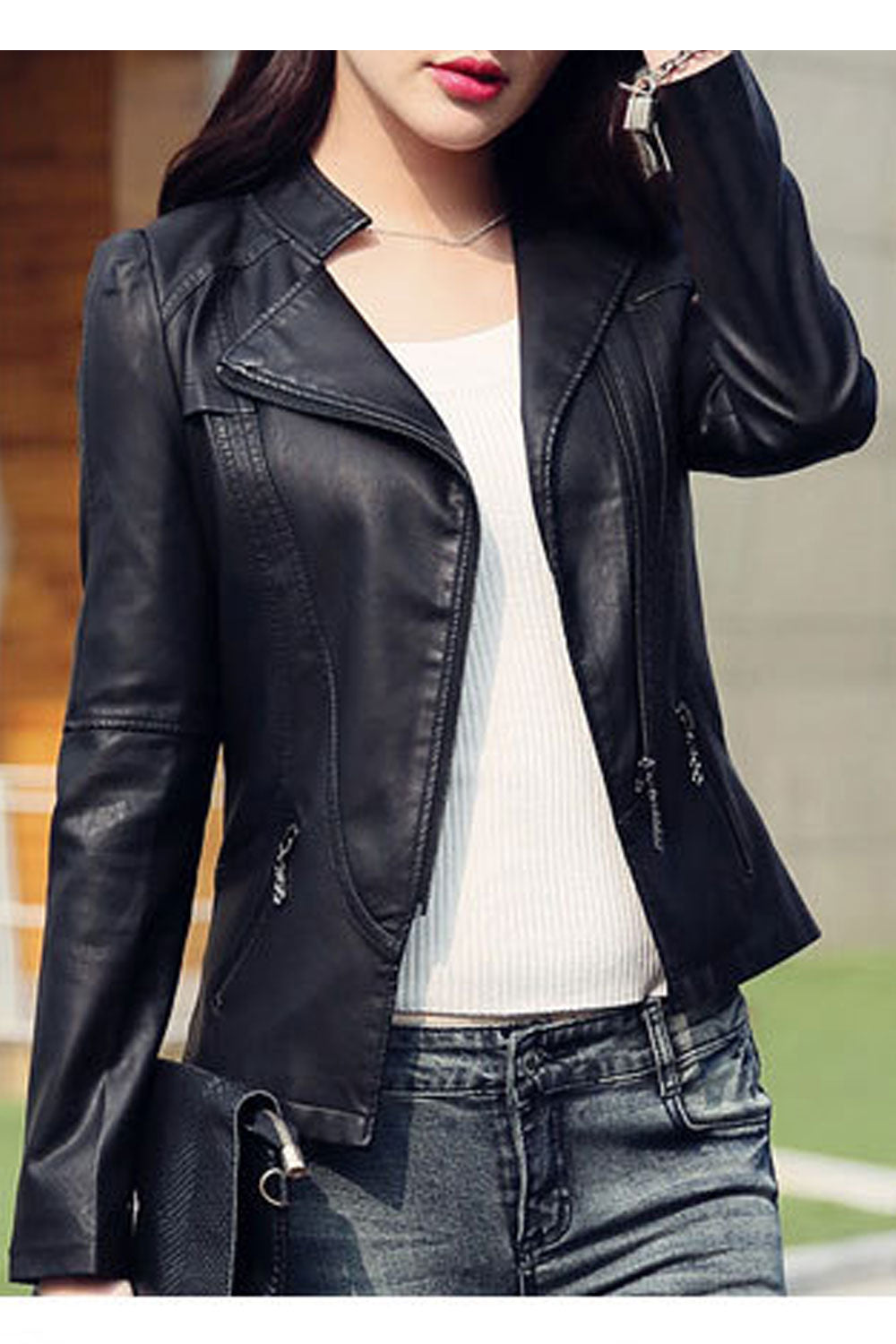 Women Long Sleeve Slim Fit Convenient Casual Leather Jacket