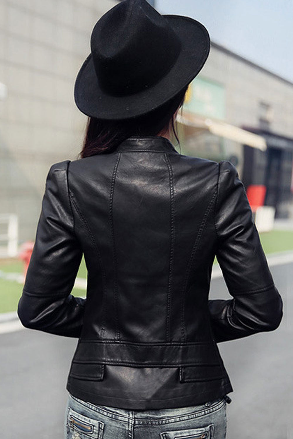 Women Long Sleeve Slim Fit Convenient Casual Leather Jacket