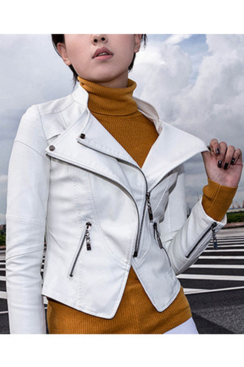 Women Short Length Comfy Long Sleeve Zipper Closure Leather Jacket