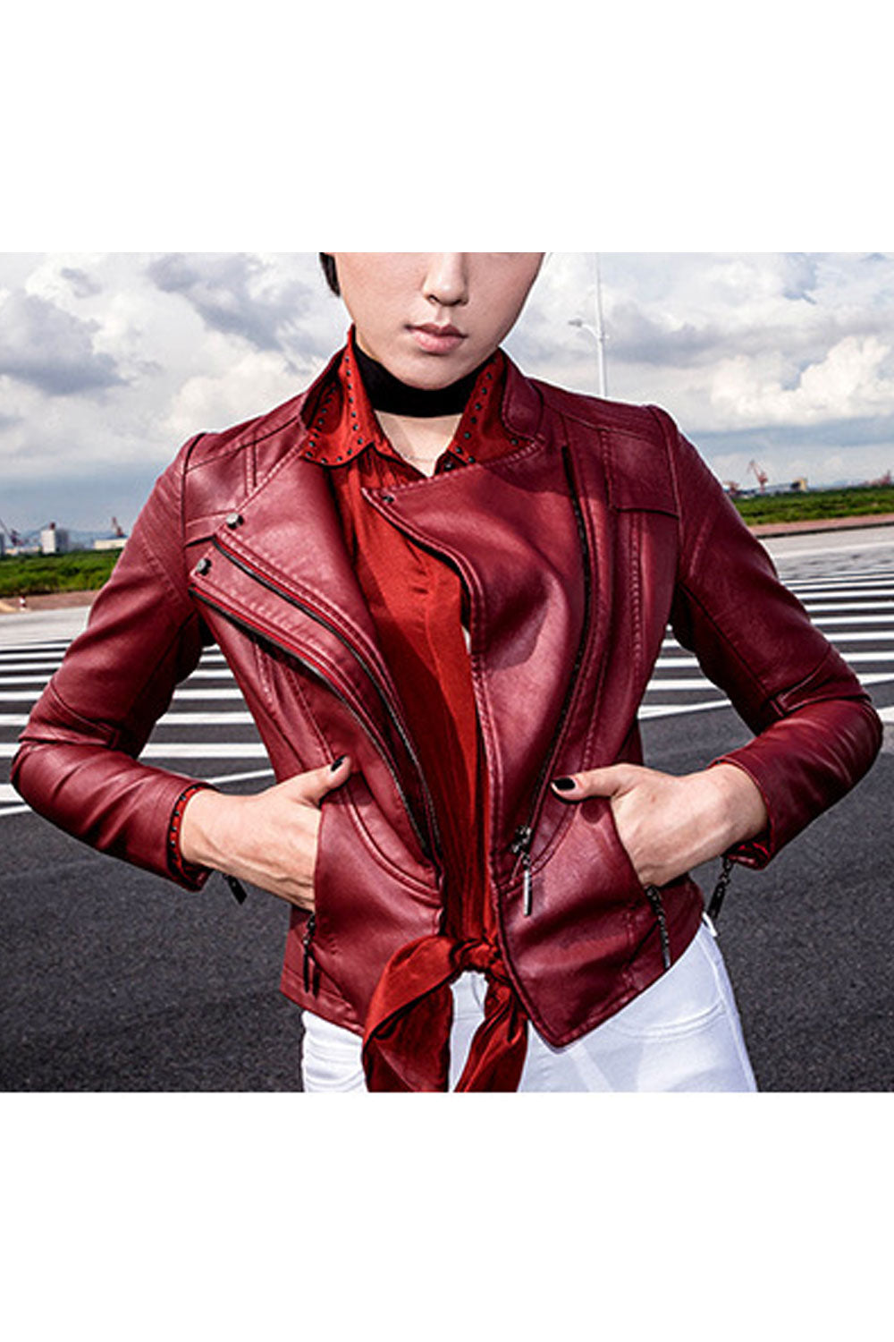 Women Short Length Comfy Long Sleeve Zipper Closure Leather Jacket