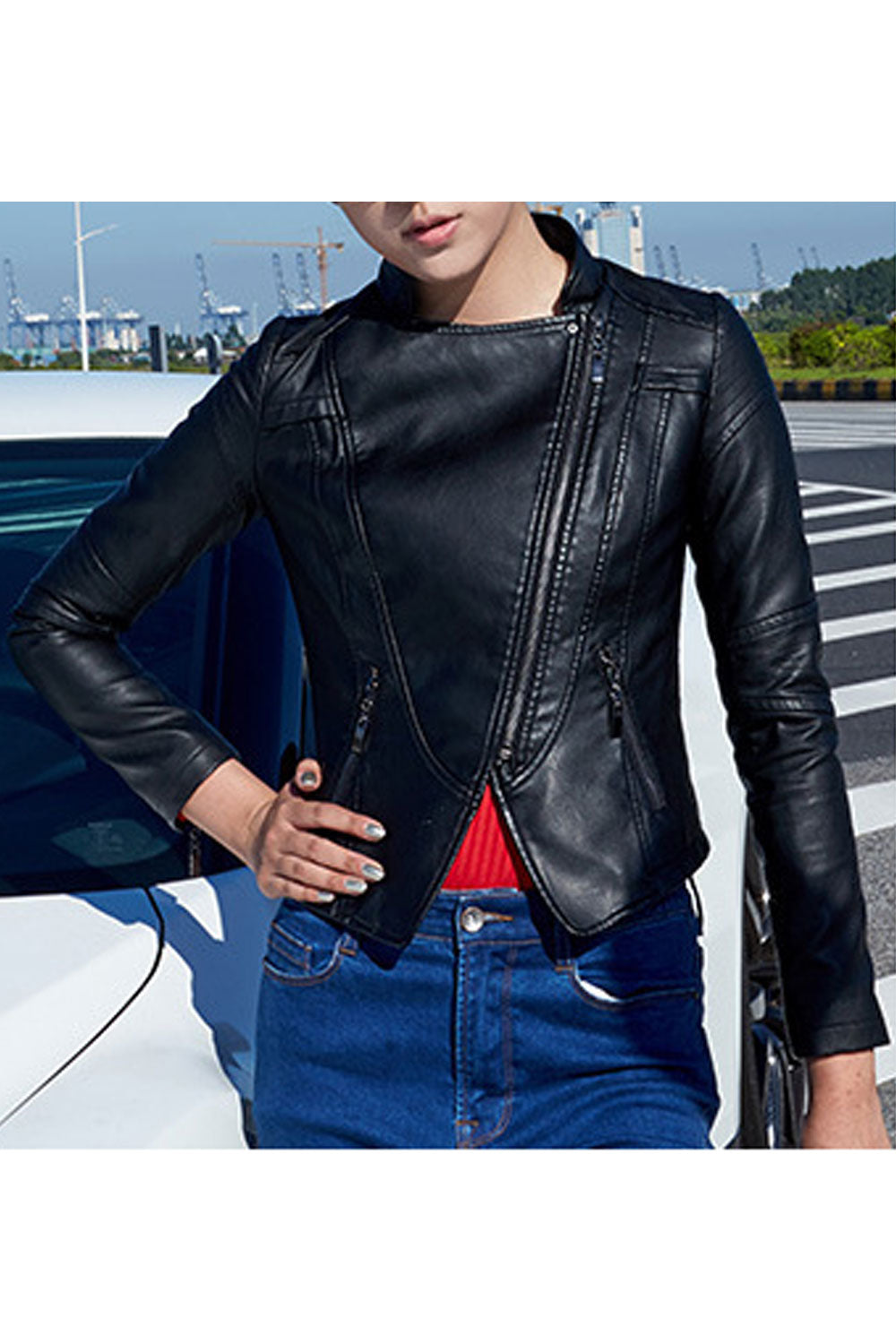 Women Short Length Comfy Long Sleeve Zipper Closure Leather Jacket