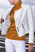 Women Short Length Comfy Long Sleeve Zipper Closure Leather Jacket