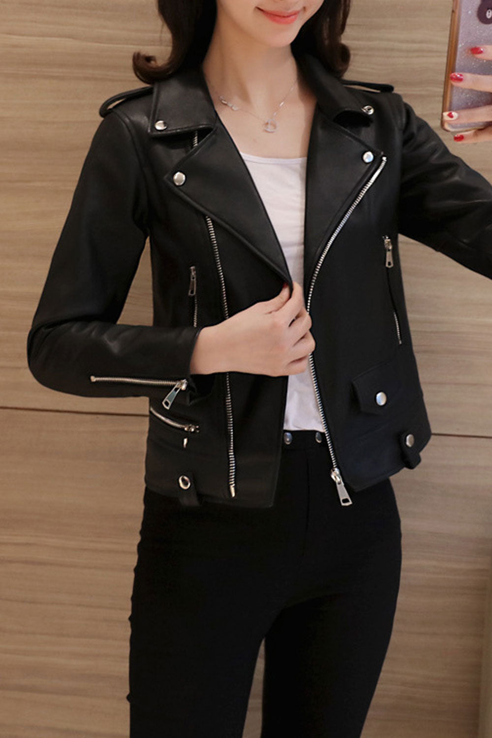 Women Zipper Long Sleeve Stylish Thick Autumn Leather Jacket
