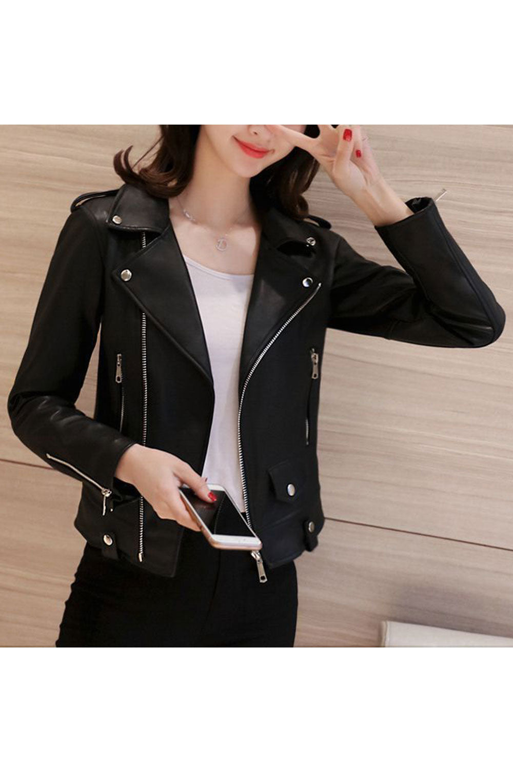 Women Zipper Long Sleeve Stylish Thick Autumn Leather Jacket